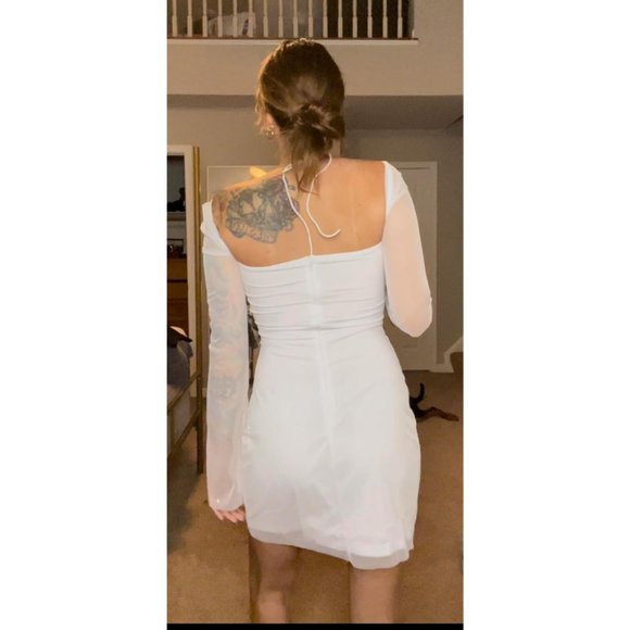 Women's White Mesh Long Puff Sleeve Mini Bodycon Sweet Neck Dress - Picture 8 of 8